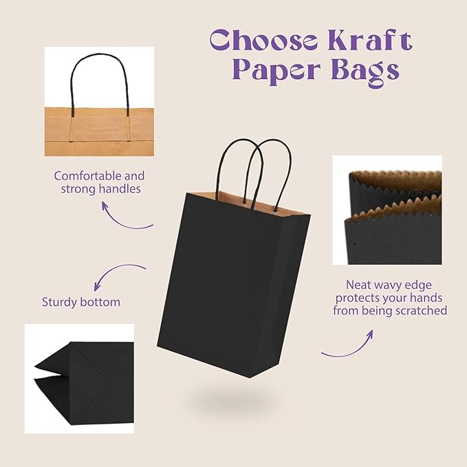 Gift Bags Black Kraft Paper with Handles, 500 Count