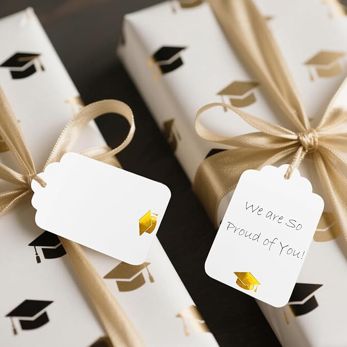 100Pcs Blank Gift Tags with String Foil Gold Grad Cap Large White Paper Gift Tags with 65 Ft Jute Twine for Congrats Grad Congratulations Graduation Party
