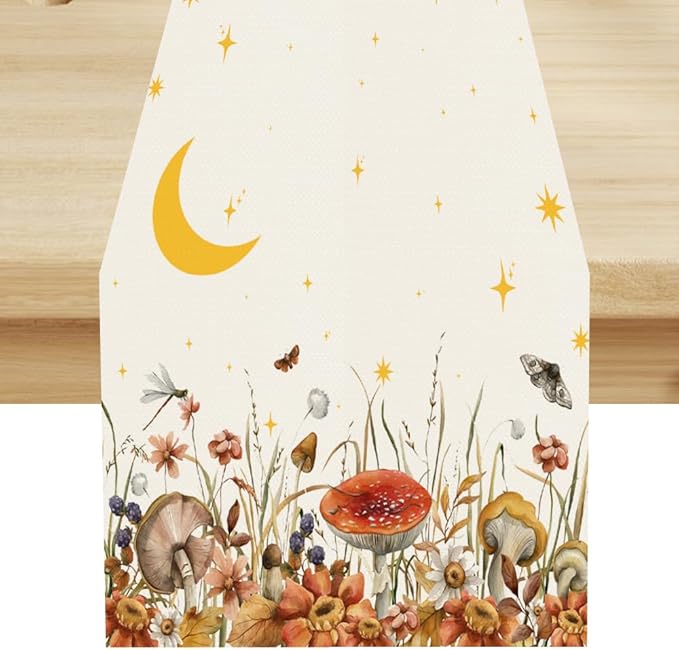 Mushroom Kitchen Table Runner, Gothic Moon Star Plants Witchy Moonlit Flower Butterfly Table Runner for Kitchen Dinner Living Room Drapes, 13x70 Inch White