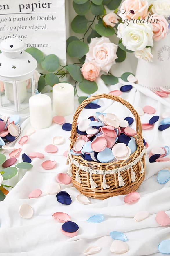 Serwalin 500pcs Silk Rose Petals Artificial Flower Pink Navy Blue for Weddings Proposal Fake Petals for Flower Girl Basket Bridal Shower (4 Color Mixes)