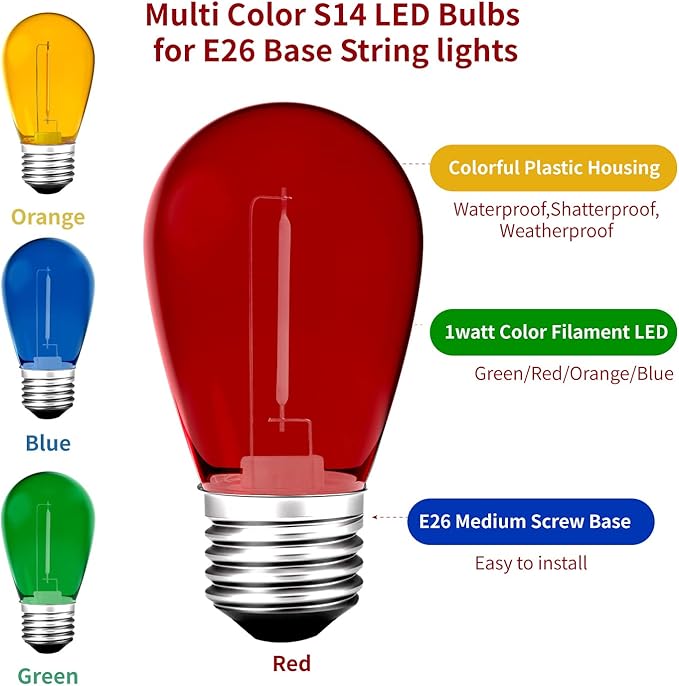 LED Bulbs S14 24-Pack in Red, Green, Blue and Orange