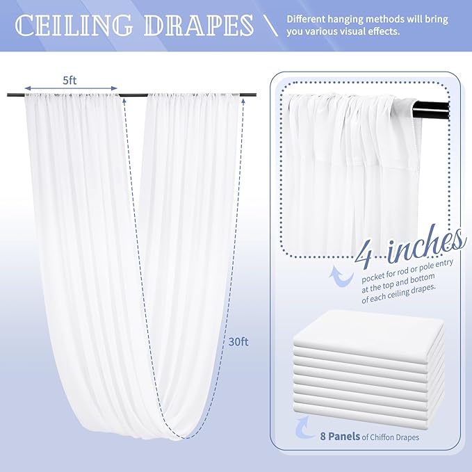 8 Panels White Ceiling Drapes for Wedding 5ftx30ft Sheer Drapery Chiffon Fabric Arch Draping Curtains for Party Ceremony Birthday Baby Shower Reception Stage Ceiling Decorations