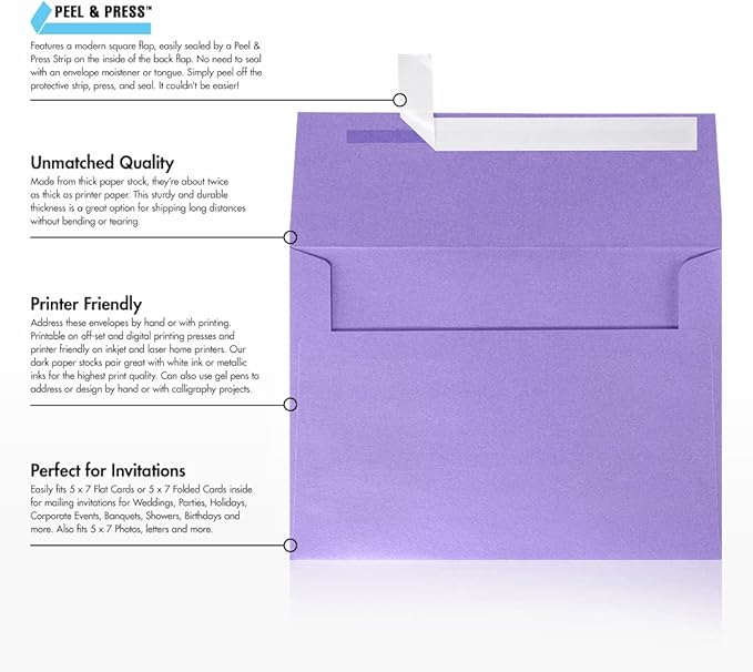 LUXPaper A7 Invitation Envelopes | Peel & Press | 5 1/4" x 7 1/4" | Amethyst Metallic | 80lb. Text | 1,000 Qty