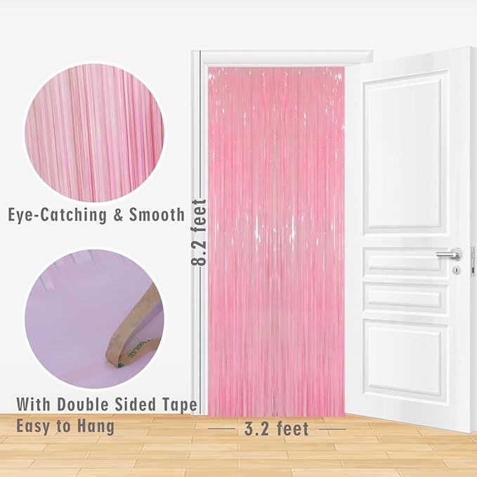 GOER 3.2 ft x 8.2 ft Metallic Tinsel Foil Fringe Curtains Party Photo Backdrop Party Streamers for Birthday,Graduation,New Year Eve Decorations Wedding Decor(4 Packs,Candy Pink)
