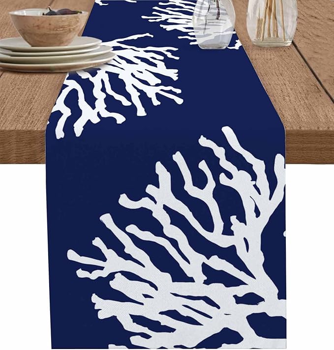 Coastal Coral Cotton Linen Table Runner for Dining Kitchen, Wedding Outdoor Party Tablerunners Decoration, Navy Blue Nautical Ocean Beach Dresser Scarf Coffee Tablecloth Runners 13x36 Inches