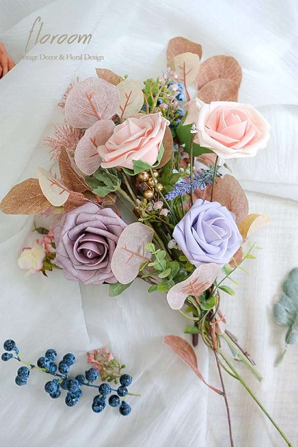 Floroom Artificial Flowers 25pcs Real Looking Blush Heirloom Foam Fake Roses with Stems for DIY Wedding Bouquets Pink Bridal Shower Centerpieces Floral Arrangements Party Tables Home Decorations
