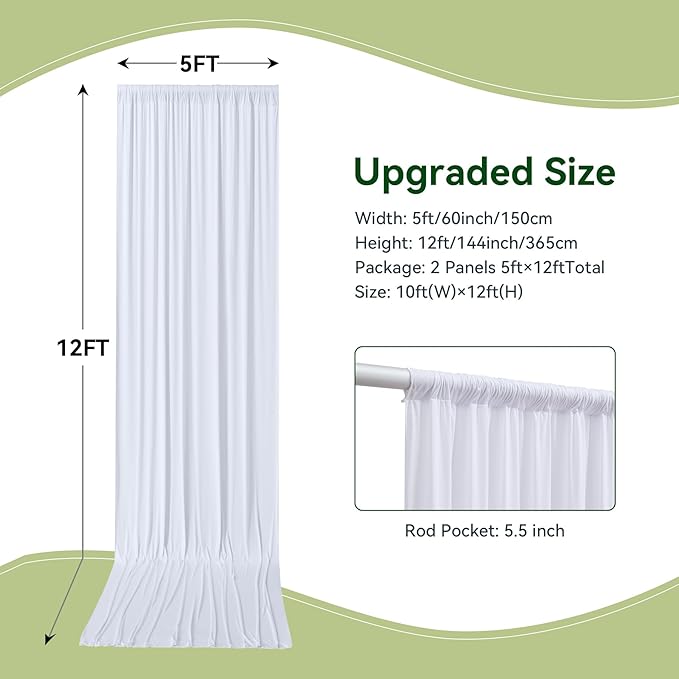 10×12ft White Wrinkle Free Backdrop Curtain, Soft Silky Easy to Drape Wedding Drapes for Backdrop, 2 Panels 12 ft Long Backdrop Curtains for Parties Birthday Baby Shower Photo Photography Background