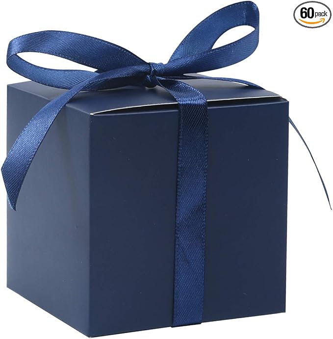 COTOPHER 60pcs Wedding Favor Boxes, Paper Gift Boxes 3x3x3 Inches Small Gift Boxes with Ribbons Small Boxes for Gifts, Crafting, Cupcake, Candy, Bridesmaid Proposal Boxes，Easy Assemble Boxes (Navy)