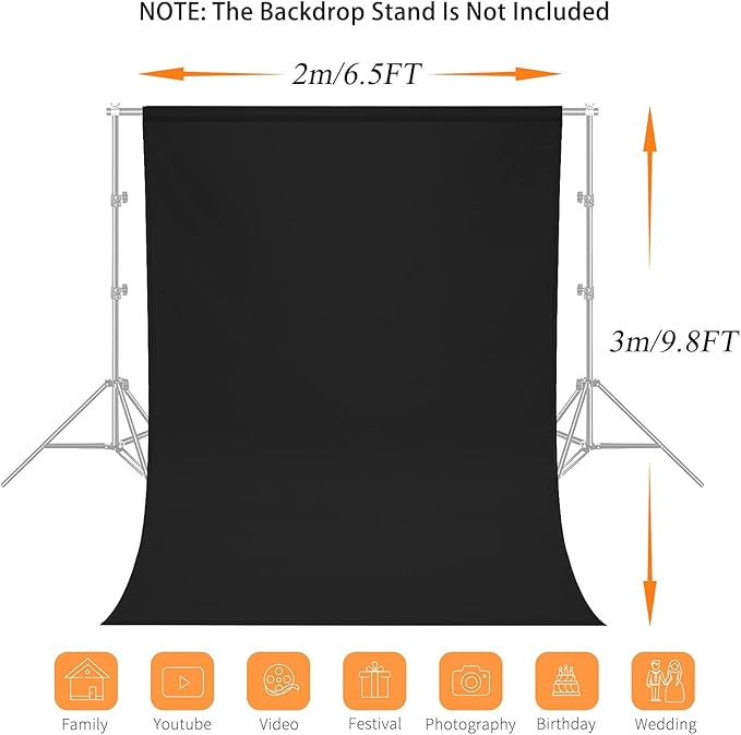 7X10 FT Black Backdrop, 100% Polyester Photography Background Curtain Screen, Foldable Washable Black Screen for Professional Photoshoot Portraits Party Video Studio