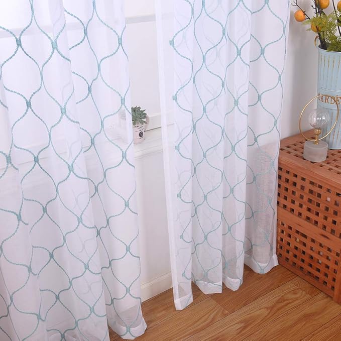 Embroidery Sheer Curtains Blue 84 Inches, Rod Pocket Voile Drapes for Living room, Bedroom, Window Treatments Wave Diamond Semi Crinkle Curtain Panels for Yard, Patio, Villa, Set of 2, 52"x 84".
