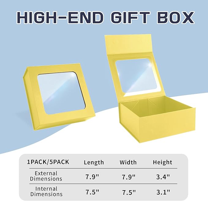 TIACABO Gold Gift Box with Window,7.5"x7.5"x3.1" Bridesmaid Boxe for Gifts Giving,Birthday Gift Boxes with Magnetic,Closure Lid Gifts Boxes for Presents,Cute Box,Luxury for Gift Packaging