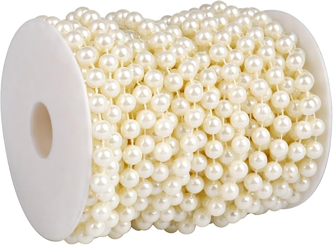 Beaded Trim Garland, Ivory 8mm Pearl Beads, 47 Ft Spool for Crafts