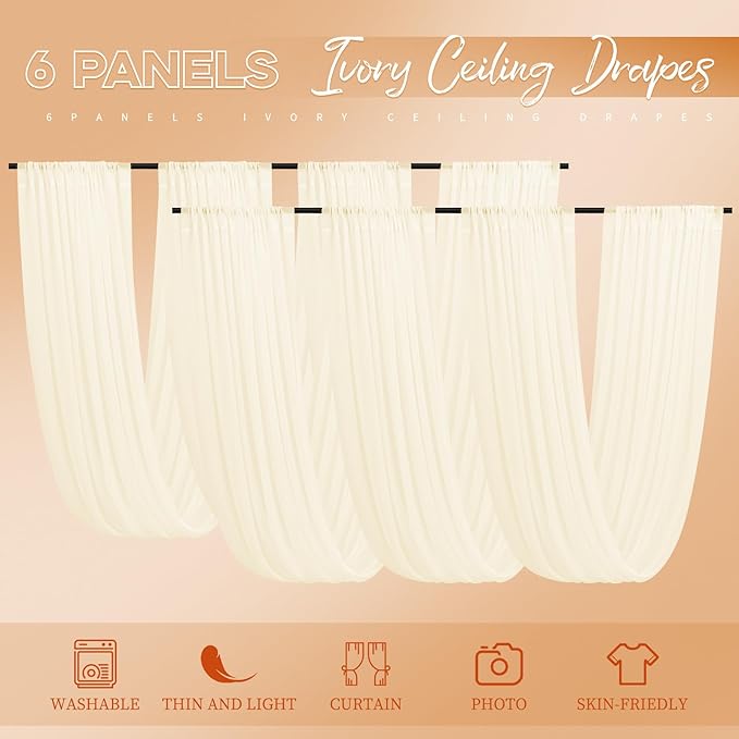 6 Panels Ivory Ceiling Drapes for Wedding 5ftx40ft Ceiling-Drapes Wedding Arch Draping Fabric Cheesecloth Sheer Curtain Romantic Decorations for Party Banquet Ceremony Stage