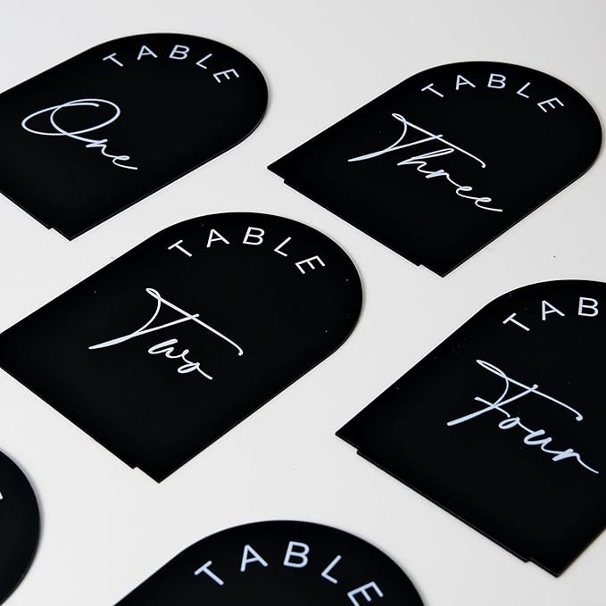 Place Cards: Black Acrylic Arch Table Numbers 1-15, 5x7 Inch with Stands