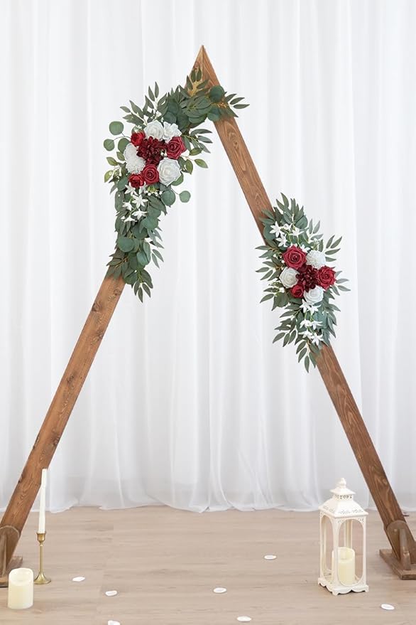 Artificial Flower Swag Set of 2 for Wedding Welcome Signs and Arch Flowers, Red Floral Decorations for Ceremony