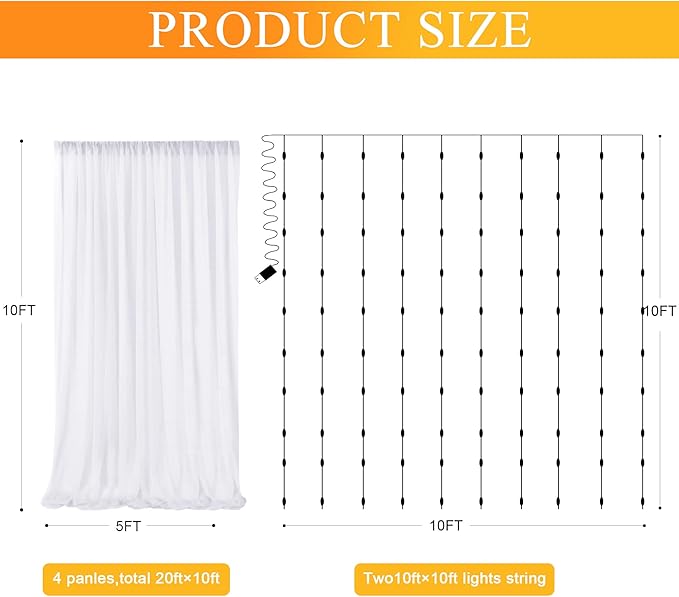 Fomcet Tulle Curtains with Lights String White 20FT X 8FT Sheer Backdrop Curtains for Parties Wedding Baby Shower Photo Shoot Decorations (4 Panels 5 x 8FT)