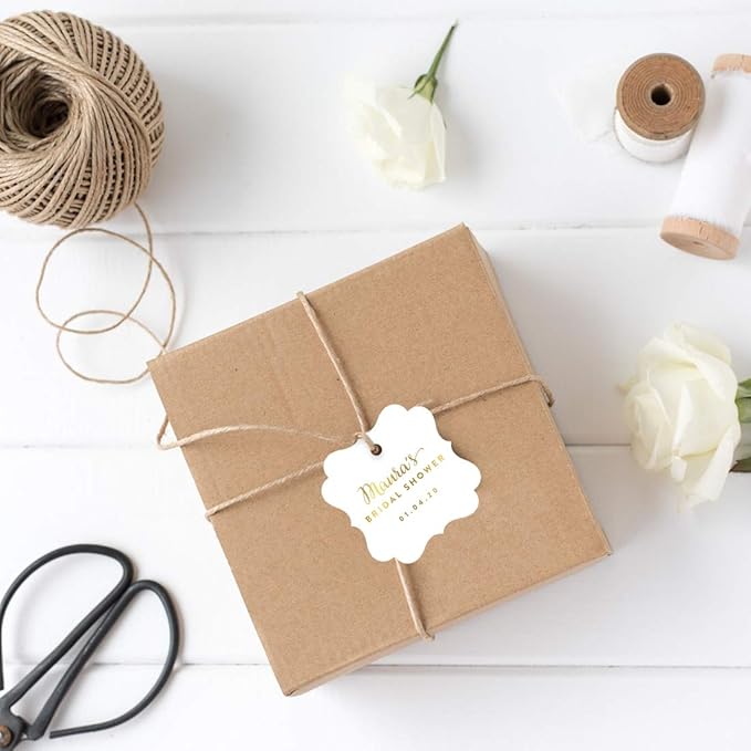 Andaz Press Personalized Fancy Frame Square Wedding Gift Tags, Metallic Gold Ink, Bridal Shower, 24-Pack, Custom Made Any Name, Not Gold Foil