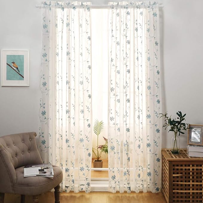 Floral Embroidery Sheer Curtains Blue 95 Inches Long, Window Treatments Rod Pocket Drapes for Living room, Bedroom, Semi Crinkle Voile Curtain Panels for Yard, Patio, Villa, Parlor, Set of 2, 52"x95".