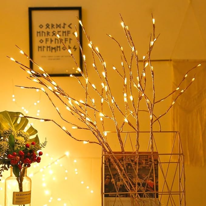 DK177 4 Pack Led Branch Light Battery Operated Lighted Branch Vase Filler Willow Tree Artificial Little Twig Power Golden 30 Inch 20 LED for Home Romantic Decoration (Gold-Warm White)