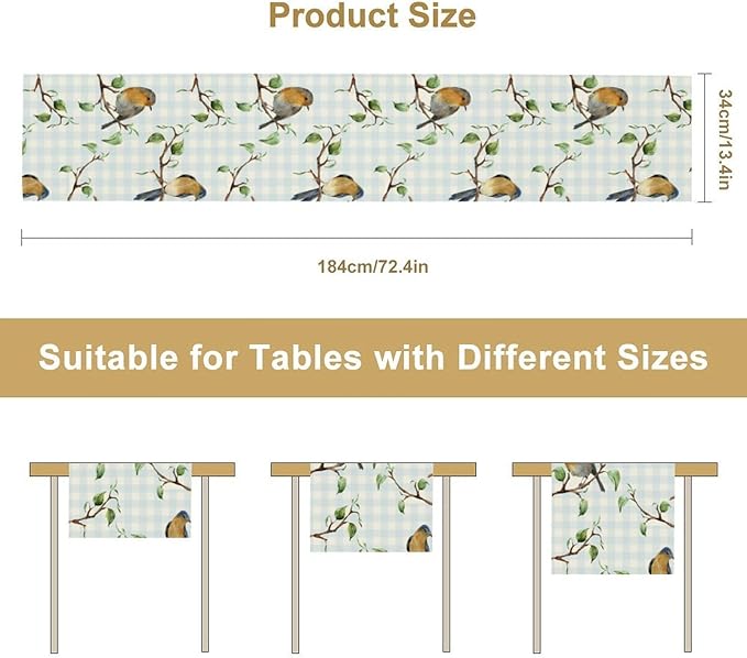 Bird Table Runner,Spring Birds Tree Blue Plaid Print Table Runner for Kitchen Dining Table Decoration Home Party Decor 13x120 Inch