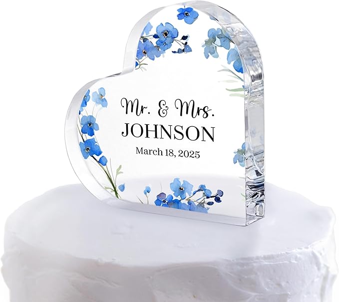 Non-Edible Cake Topper: Personalized Heart Acrylic Block, 2 Sizes, 7 Colors