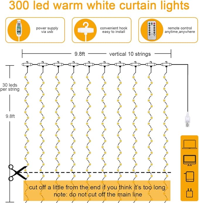Vicloon Fairy Curtain Lights, Warm White LED 8 Mode 9.8x9.8Ft Waterproof Curtain String Lights for Indoor/Outdoor, Powered by USB with Remote Control