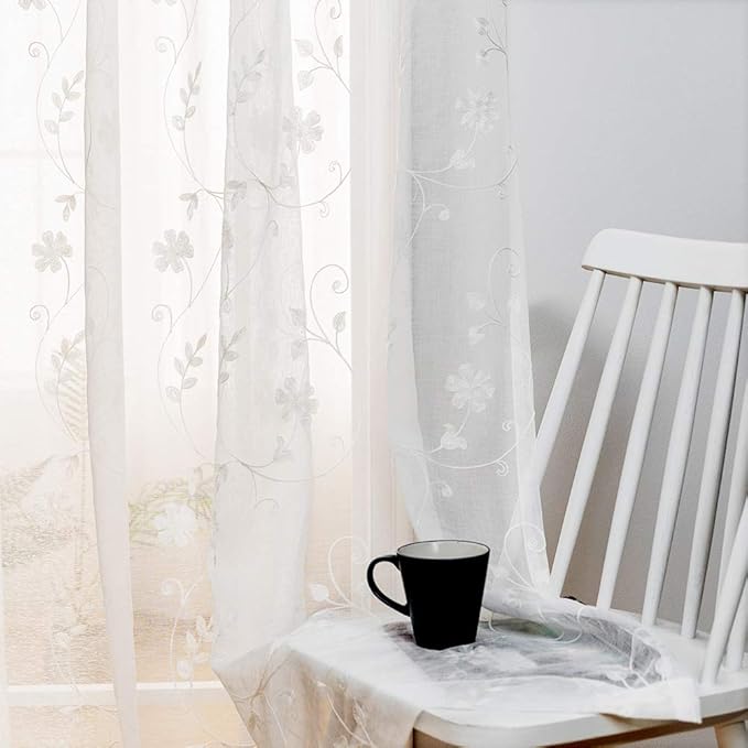 Sheer Curtains White 95 Inches Embroidered Floral, Window Treatments Rod Pocket Drapes for Living room, Bedroom, Semi Crinkle Voile Curtain Panels for Yard, Patio, Villa, Parlor, Set of 2, 52"x95".
