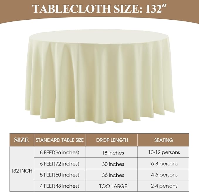 Tablecloth, 132 Inch Round Ivory Polyester, Machine Washable