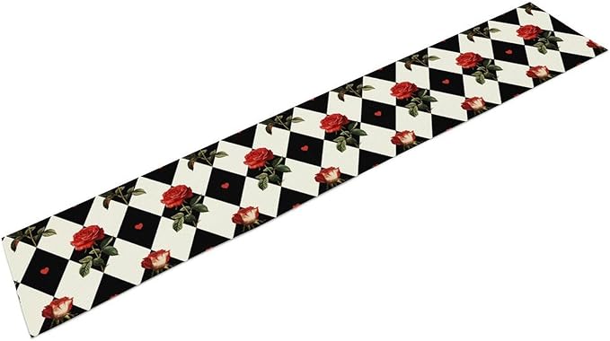 Vintage Rose Table Runner, Red Rose Hearts Black White Checkered Background Table Runner for Kitchen Dinning Table Runner Decor Home Wedding Party Holiday, 13x108 Inch