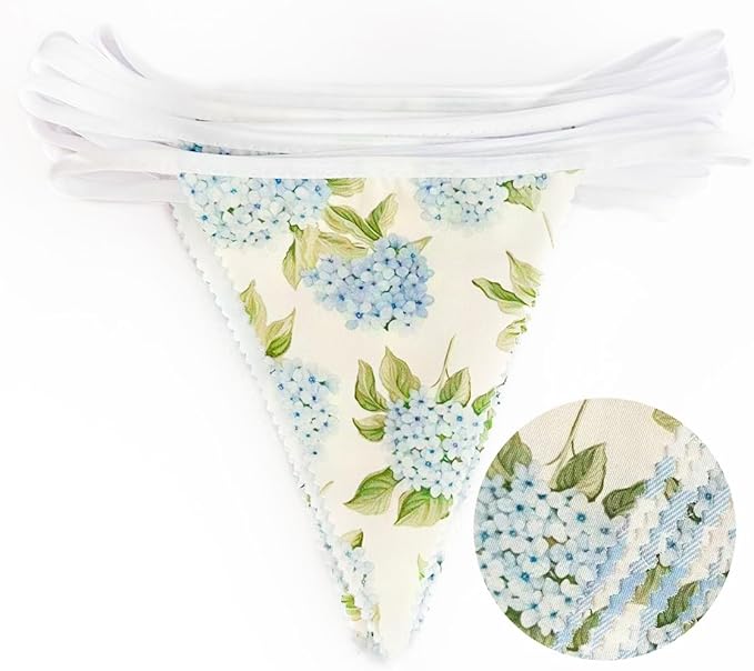 32Ft Blue Flora Party Decorations Blue Gingham HydrangeaTriangle Flag Fabric Banner Pennant Garland Streamer for Flora Birthday Vintage Flower Baby Shower Wedding Tea Party Garden Decor Supplies