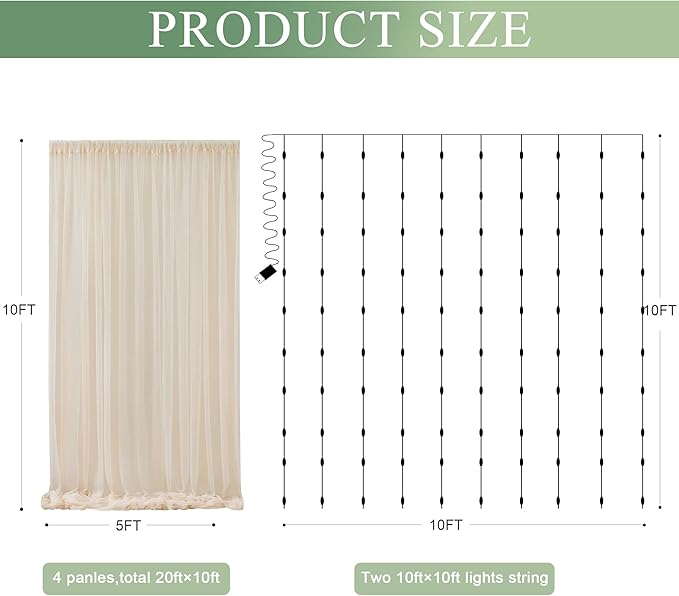 Tulle Backdrop Curtain with Lights String 20 X 10FT Champagne Sheer Tulle Backdrop Curtains for Wedding Birthday Party Reception Photo Booth Background Decorations (4 Panels 5x10FT)