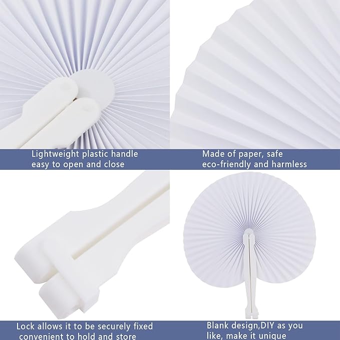 ZWIN 60PCS White Wedding Fans Round Folding Paper Fans Plastic Handle Pocket Fans for Wedding Celebration Birthday Party Favor