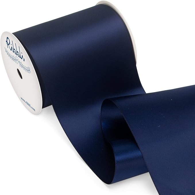 Gift Wrap Ribbon, Navy Satin Double-Faced Polyester, 4 Inch x 10 Yards