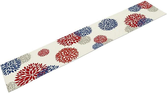 4th of July Table Runner, Blue Red Dahlia Flower American Patriotic Memorial Day Table Runner for Farmhouse Kitchen Dining Table Party Decor, 13x60inch