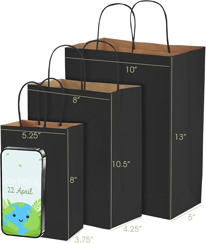 Gift Bags Black Kraft Paper with Handles, 500 Count