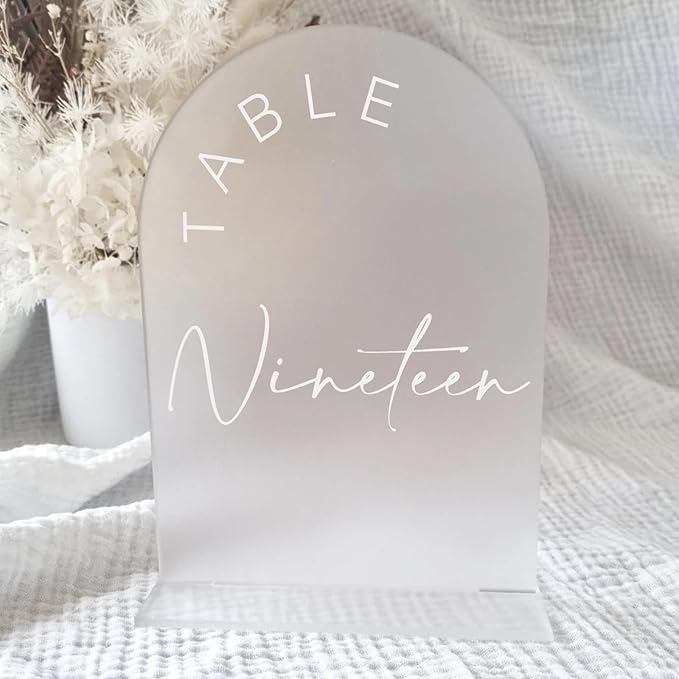 Place Cards: Frosted Acrylic Arch Table Numbers 1-30, White Print