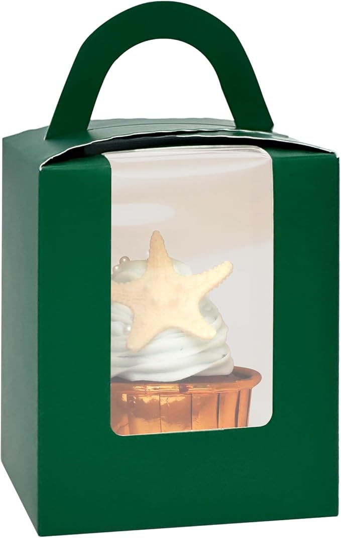 Cupcake Carriers in Deep Green, 50 Pack with Inserts, Disposable Cardboard