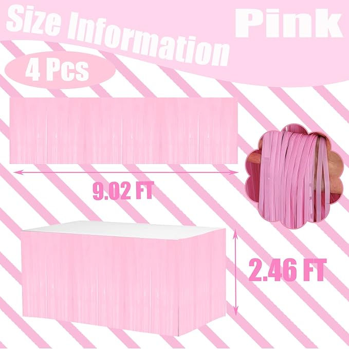 4 Pack 29x108 Inch Metallic Foil Fringe Tinsel Table Skirts for Rectangle Tables Streamer Backdrop for Wedding, Birthday, Parade Floats, Christmas, Halloween Party Decoration(Macaron Pink)