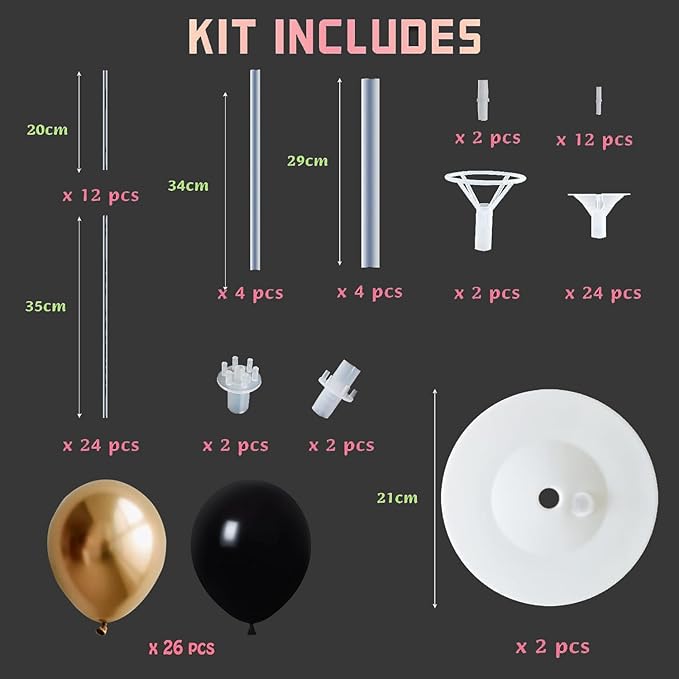Party Pack Black and Gold Balloon Stand Kit, 2 Sets with 28 Balloons