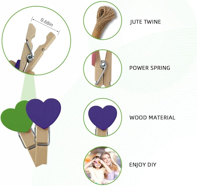80 Pieces Wooden Heart Clothespins Mini Heart Photo Clips Colorful Small Clothes Pins for Crafts Picture Paper Hanging Natural Wooden Clothespins with Jute Twine for Wedding Party Photos Display