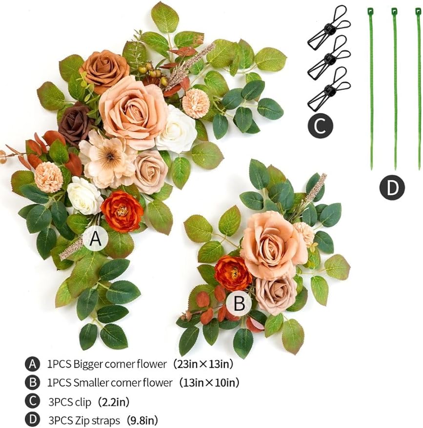 Wedding decor (pack of 2) Welcome Sign Flower Backdrop Garland For Ceremony Reception Wall Easel Home Decoration Entryway Faux Outdoor Board Head Table Decor (Orange & Terracotta)