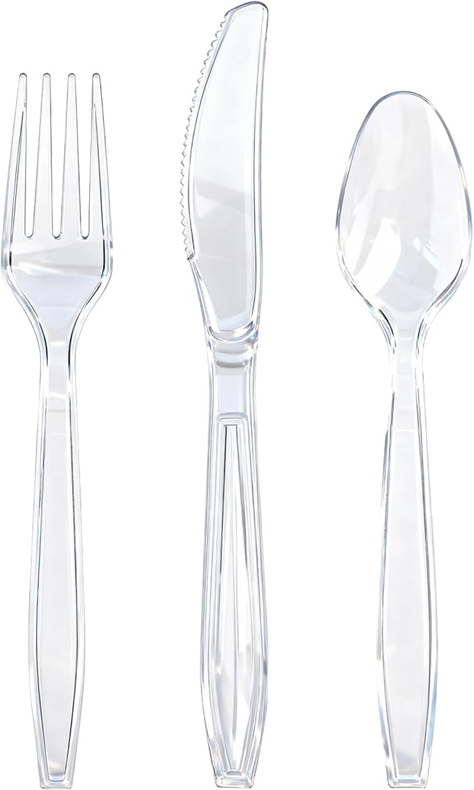 400 Count Heavy Duty Clear Plastic Silverware, 160 Forks, 160 Spoons, 80 Knives, BPA-Free and Heat Resistant, Disposable Cutlery set, Premium Clear Utencils for Party and Daily Use