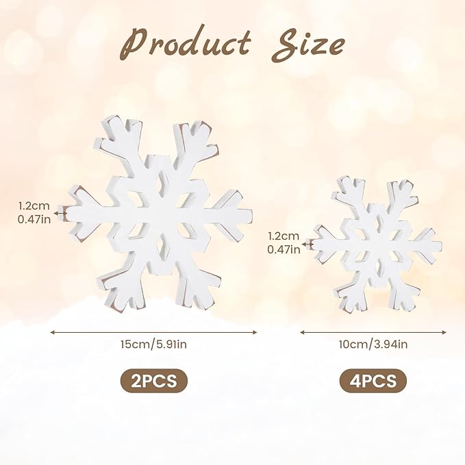 Snowflake Decorations Christmas Decor 6Pcs Winter White Wooden Snowflakes Standing Christmas Tiered Tray Decor Winter Wonderland Decorations for Indoor Home Xmas Table Shelf Fireplace Mantel