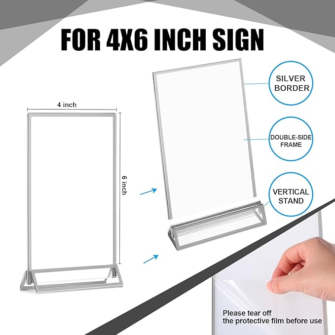 Sign Holders 12 Pack, Clear Acrylic 4x6 Inch Double Sided with Silver Border
