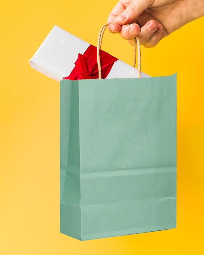 qiqee 24 Pcs Light Blue Mini Paper Gift Bags with Handles 6"x4.5"x2.5" Small Brown Kraft Party Favor Bags Treat Bags Multiple Uses (Mini size)