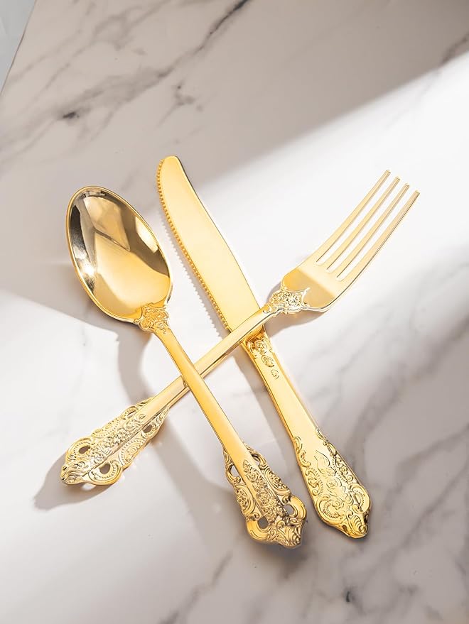 Disposable Gold Plastic Silverware Set, 150 Pieces Heavy-Duty Utensils