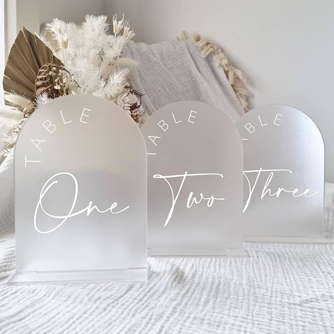 Frosted Acrylic Table Number Signs 1-15 with Stands, Arch Design