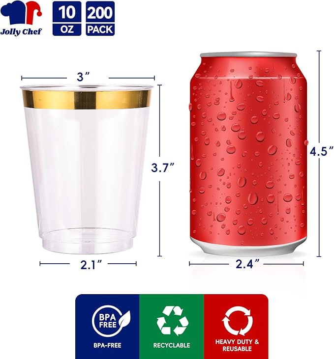 Plastic Cups with Metallic Gold Rim, 10 oz, 200 Count