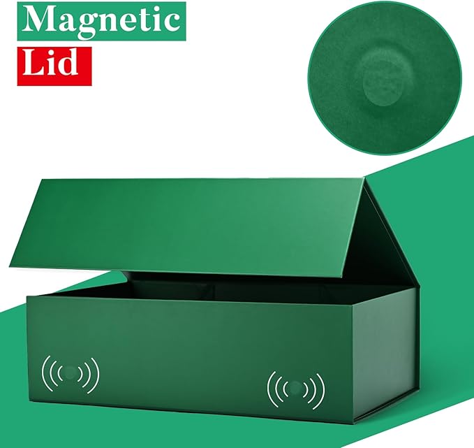 LIFELUM Green Gift Box for Presents 1 Pack 13.85 x 8.35 x 4.45 inch Big Decorative Gift Box for Clothes with Magnetic Lids Luxury Accessories Card, Ribbon, Filler,Sticker Christmas
