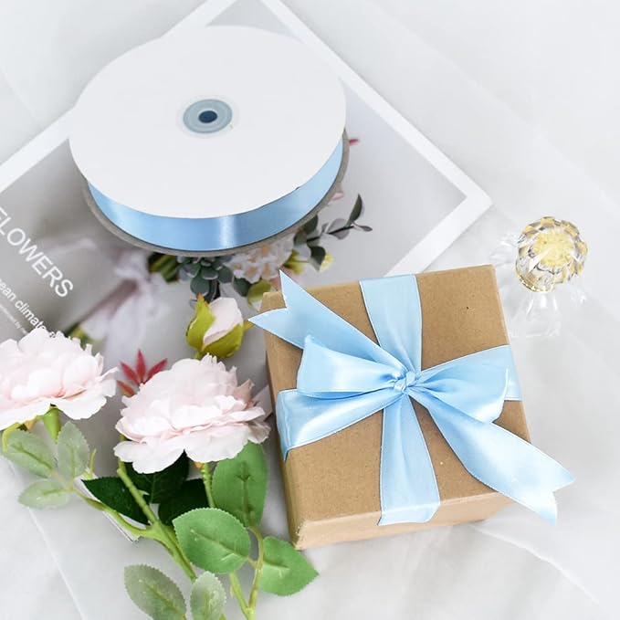 TONIFUL 1 Inch x 100yds Sky Blue Satin Ribbon, Thin Solid Color Satin Ribbon for Gift Wrapping, Crafts, Hair Bows Making, Wedding Party Decoration, Invitation Cards, Floral Bouquets